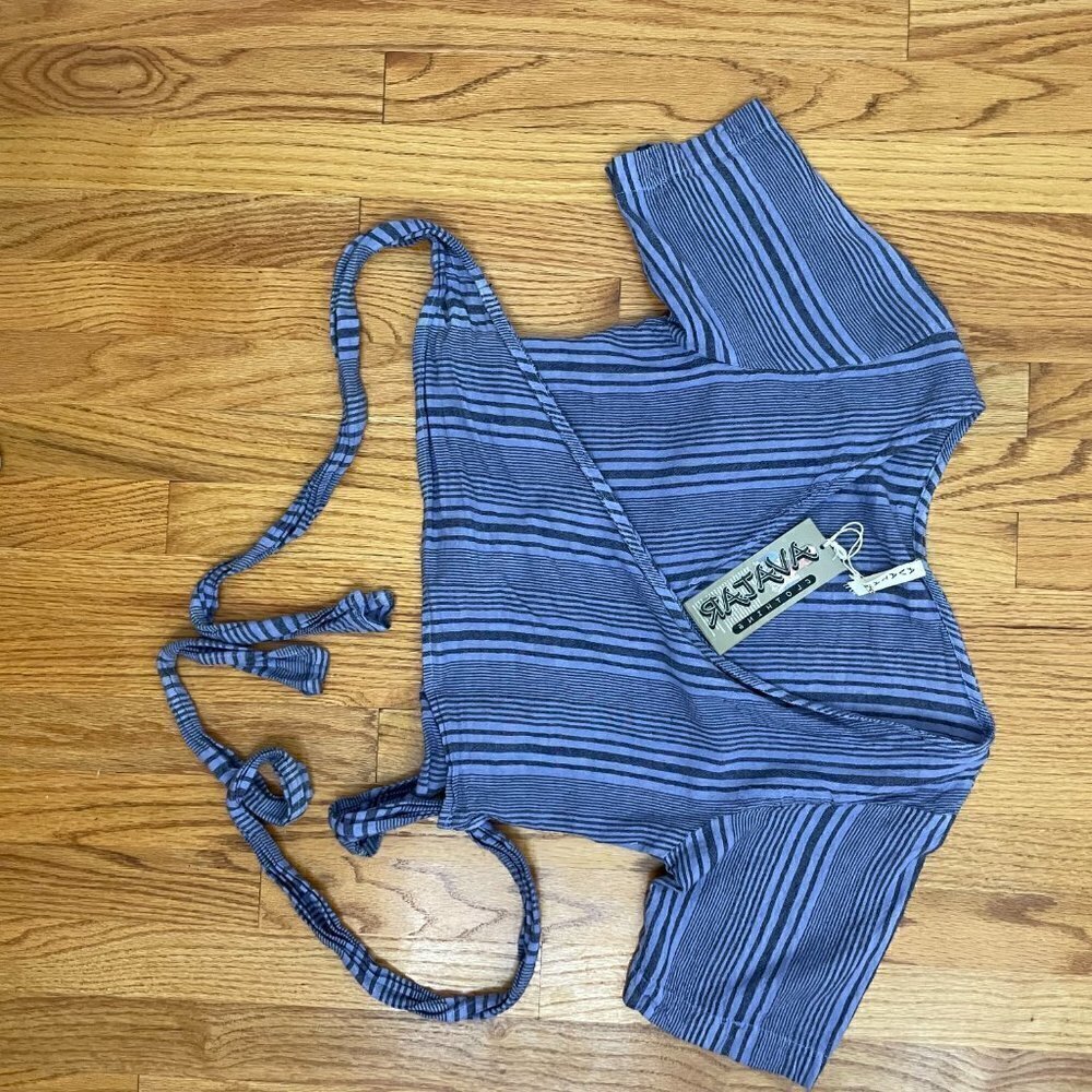 Fair Trade Boho Striped Cotton Cropped Wrap Top with Tie Waist Purple Striped - Picture 6 of 14
